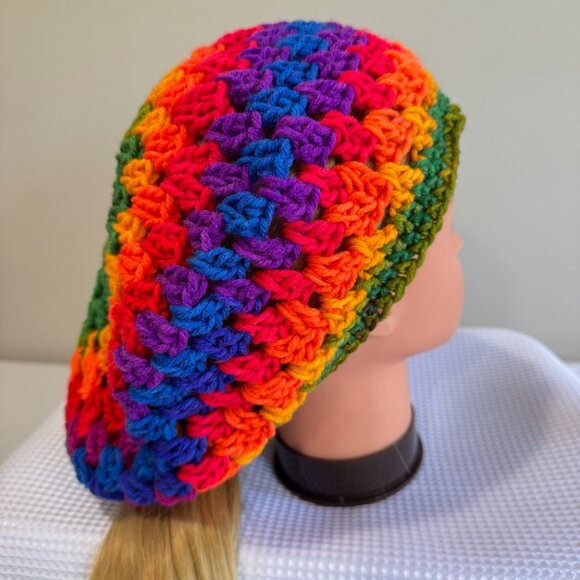 HANDCRAFTED Crochet Rainbow Mandala Slouch Beanie Beret Hat - Picture 1 of 6